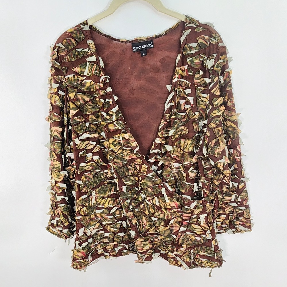 Sno Skins Textured Faux Wrap Top Women's L 3/4 Sleeve Brown Nature Stretch